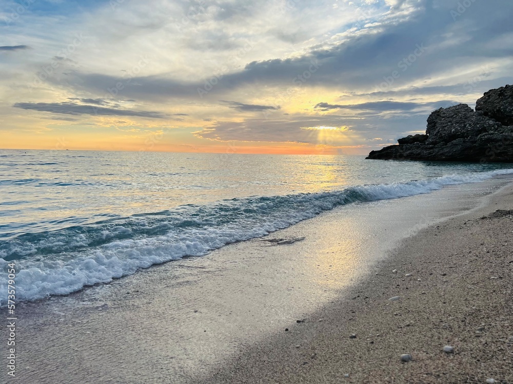 Scenic sunset over Ioninan sea in Vlore Albania . Scenic sunset over Ioninan sea in Vlore Albania .