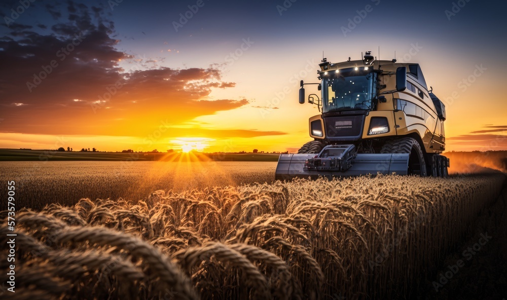 Fototapeta premium Combine harvester harvesting a wheat field in a sunset. Generative ai