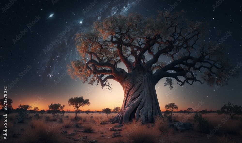 Sunset in the African savannah with a baobab. Generative ai Sunset in the African savannah with a baobab. Generative ai