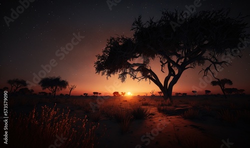 Sunset in the African savannah. Generative ai
