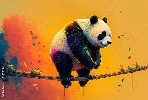 A playful panda balanced on a tightrope with bright, bold colors. Encourages clients to try new things and take risks. Generative AI photo