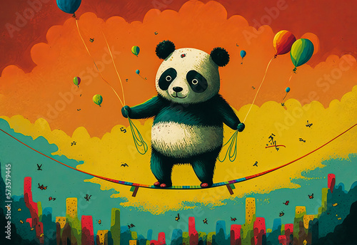 A balanced panda on a tightrope, with bright colors. Encourages clients to take risks and try new things. Generative AI photo