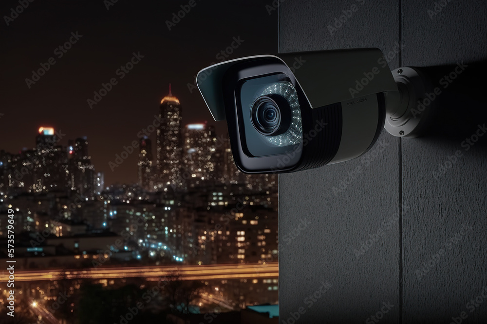 CCTV camera on the facade of the building, public safety of the urban environment, technology for surveillance at night on the street. Property protection. Generative AI. CCTV camera on the facade of the building, public safety of the urban environment, technology for surveillance at night on the street. Property protection. Generative AI.