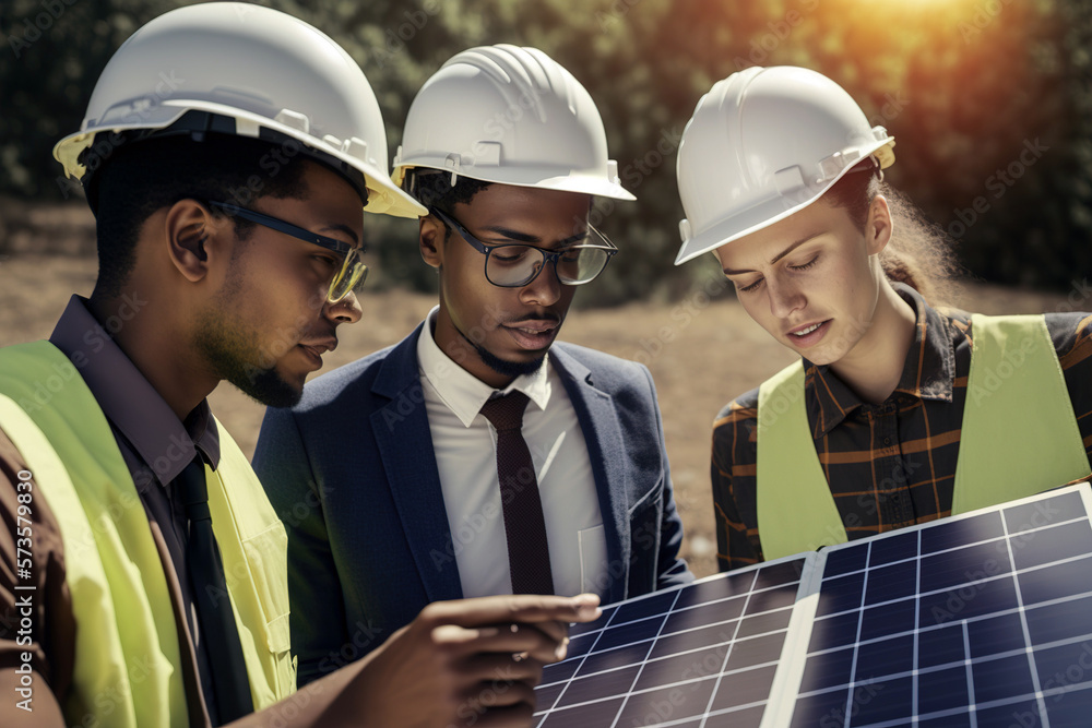 Men in hard hats work together to construct a solar energy plant