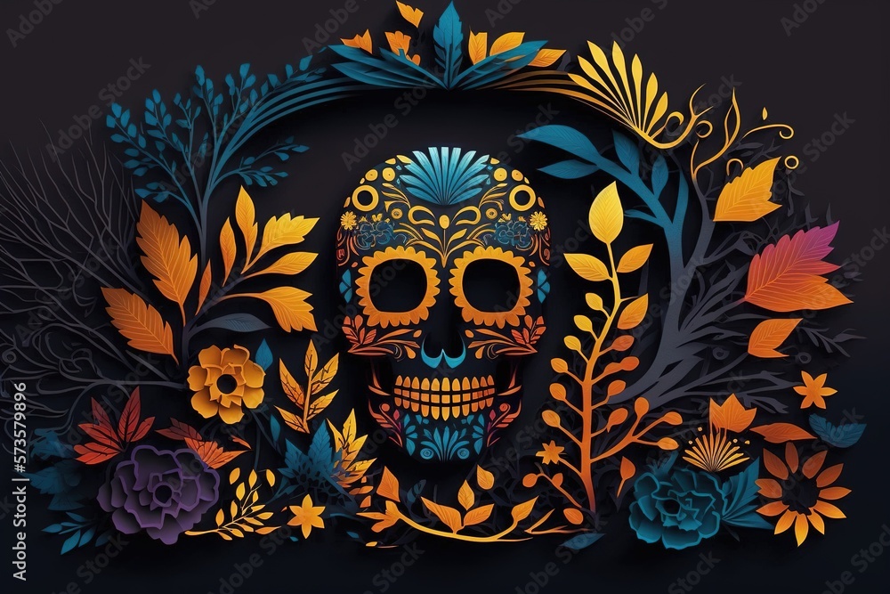 Design for the day of the dead in Mexico, with colorful skull, funny illustration. Design for the day of the dead in Mexico, with colorful skull, funny illustration.