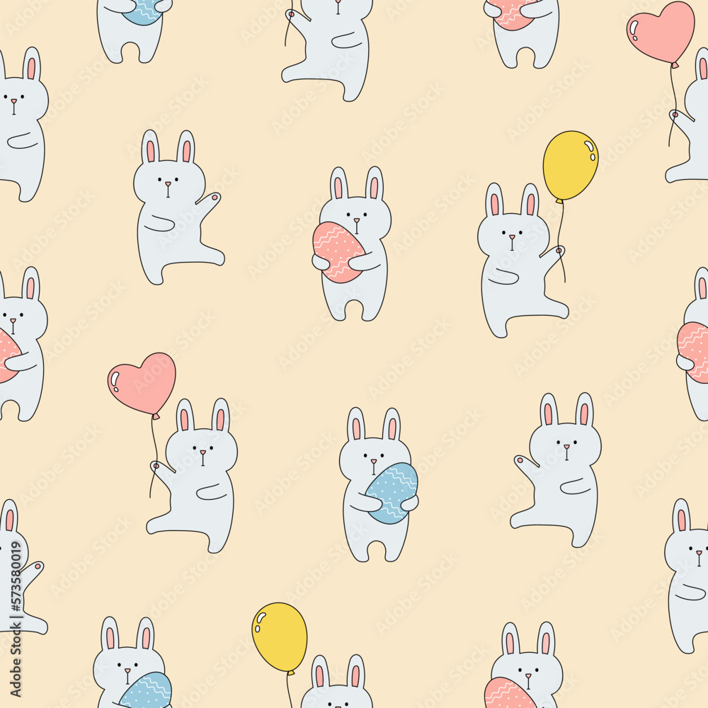 Obraz premium Seamless pattern with cute bunnies with balloons and easter eggs on pink background. Template for baby design.