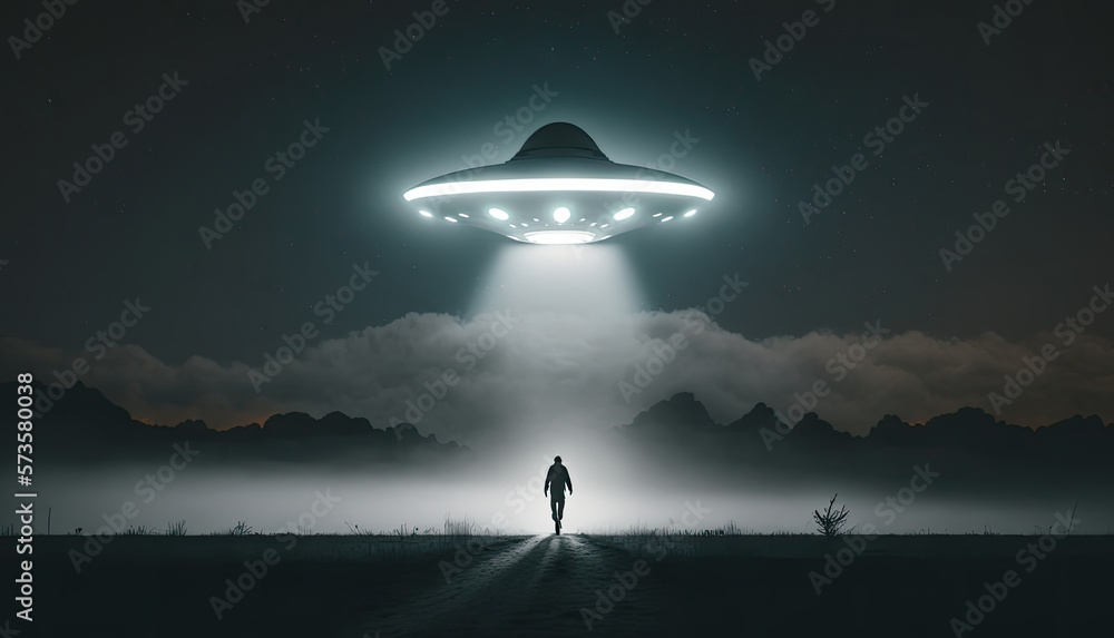 UFO alien abduction. Flying saucer spaceship from outer space. AI generative UFO alien abduction. Flying saucer spaceship from outer space. AI generative