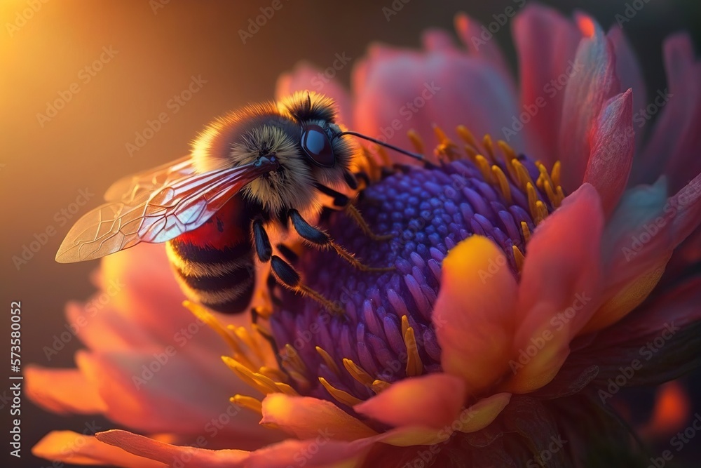 A beautiful honey bee is backlit by a stunning sunset, the colorful flower petals and defocused background creating an awe-inspiring macro image of wildlife beauty. Ai generated
