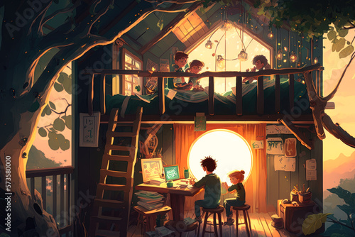 A family spending quality time together in a treehouse  with toys and books scattered around and a beautiful sunset in the background  illustration - Generative AI