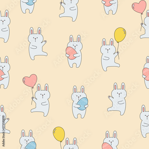 Fototapeta Naklejka Na Ścianę i Meble -  Seamless pattern with cute bunnies with balloons and easter eggs on pink background. Template for baby design.