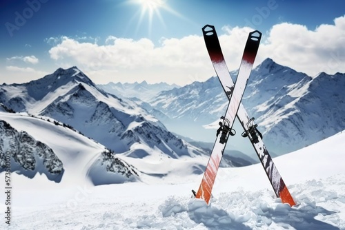pair of skis stuck in the snow. Ai generated