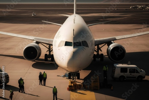 Ground staff perform maintenance on a stopped wide-body commercial airliner at an airport, ready for its next air travel journey. Ai generated