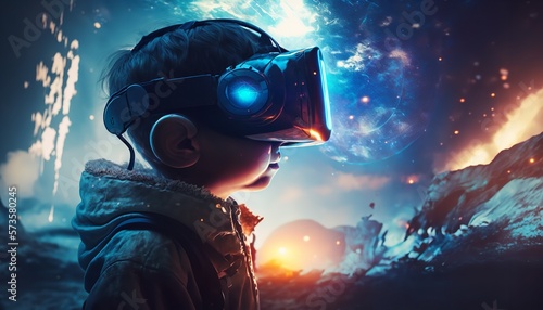 Metaverse concept. A girl in virtual reality headset. Beautiful, cute little girl virtual reality VR headset playing colorful AR augmented reality game and entertainment. Generative Ai. © MinixT