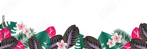 Spring Tropical flowers and green leaves illustration large banner
