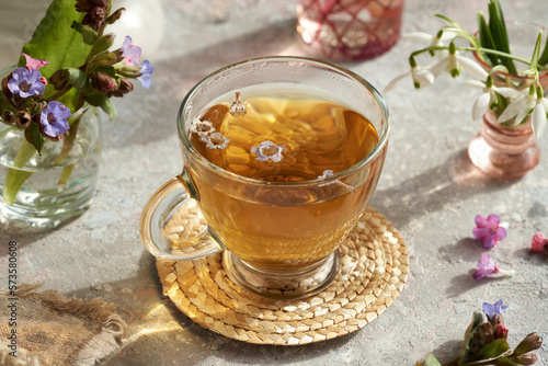 Fresh lungwort or pulmonaria flowers in a cup of herbal tea in spring