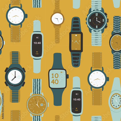 Vector seamless pattern of men's and women's watches and dials. Watches collection on white background. Bright hours. Vector illustration