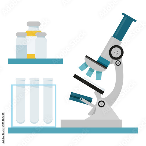 Microscope and test tubes with medical bottles