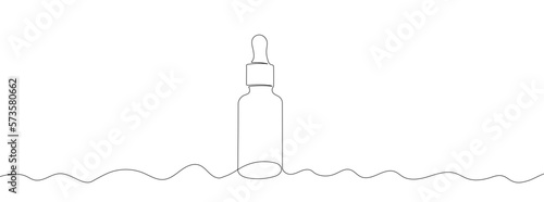 Continuous linear drawing of cosmetic bottle with a pipette. Single line drawing of serum bottle. Vector illustration. Line art of vial