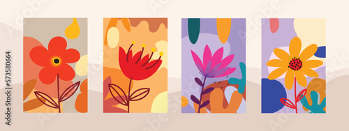 A fashionable set of abstract bright cards with tropical, leaves and flowers hand drawn vector illustration. Creative doodle, various shapes and textures.