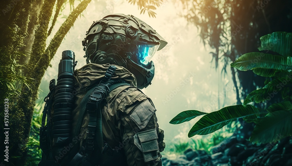 Soldier in alien planet jungle. Armed guy in the wild and soldier in the jungle of an extraterrestrial world. Generative Ai.