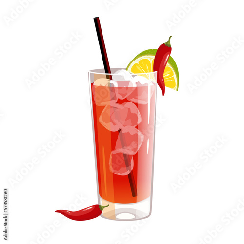 Cocktail "Vampiro". Classic alcoholic cocktail with tequila, chili pepper, tomato juice. Vector illustration.