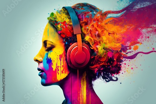 Colorful head wearing headphones on bright background. Generative AI 