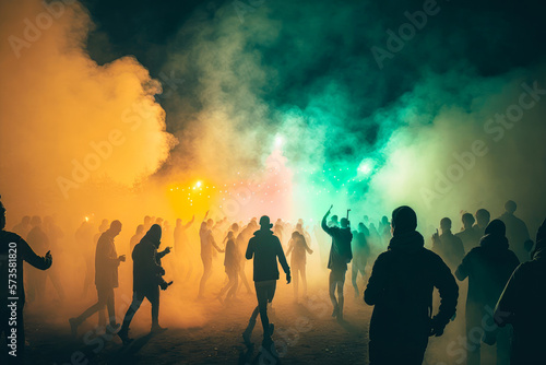A group of people dancing in a field during a music festival, with colorful lights and smoke machines in the background - Generative AI