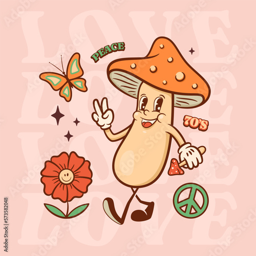 Trippy retro cartoon characters set. Happy fly agaric mushroom, flower and butterfly friends walking together. Vector mascot illustration in trendy vintage comic style Isolated