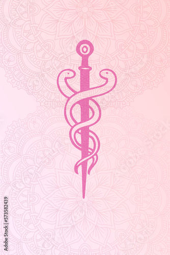 The Rod of Asclepius on the pink background and with graphic mandala elements