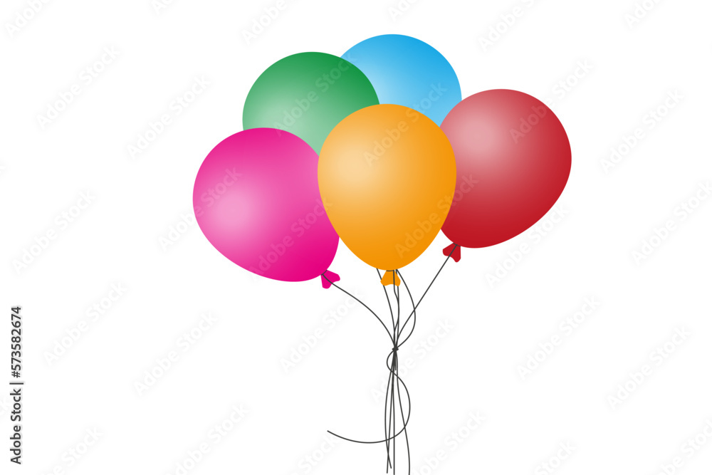 Bunch of balloons for birthdays and parties. Balloon flying on a rope. Blue, red and yellow balls isolated on white background. Flat icon for celebration and carnival. Vector.