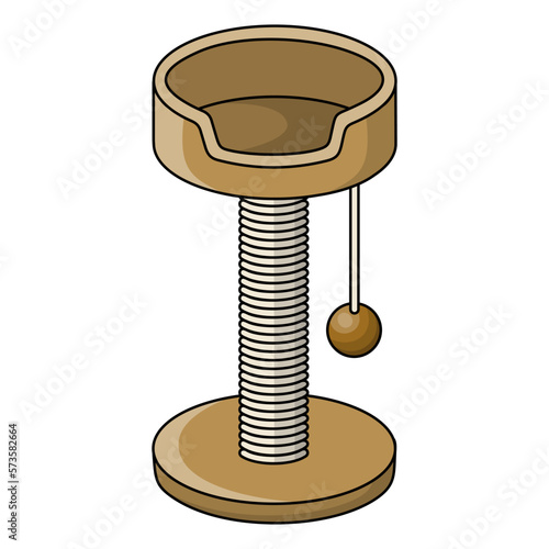 Cartoon cat scratcher with ball. Scratching post for domestic animal pet. Colorful clipart of cat accessories and cat goods for pet shop. Isolated vector illustration on white background.