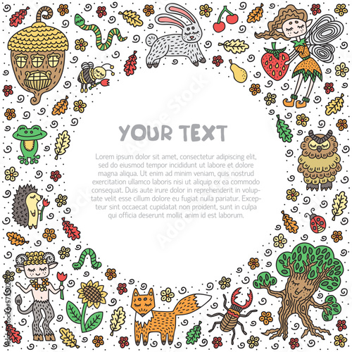 Cute fairy tale elements. Frame, border, text template. Flyer, card design for kindergarten. Vector illustration.