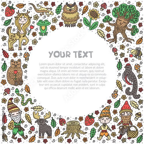 Forest fairy tale doodle. Cute cartoon characters. Frame template. Background for text. Kindergarten design elements. Vector illustration.