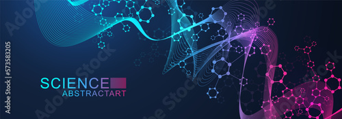 Modern abstract molecules structure for science or medical background. DNA helix or atom visualization. Molecular wave flow abstract background. Vector illustration
