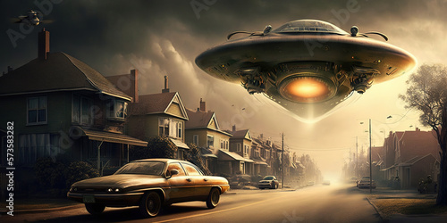 UFO flying saucer over city streets. Alien ship flies over the city road following a black old car. Alien Unidentified Flying Object with illuminated lights. Sci-fi country scene. Generative Ai.