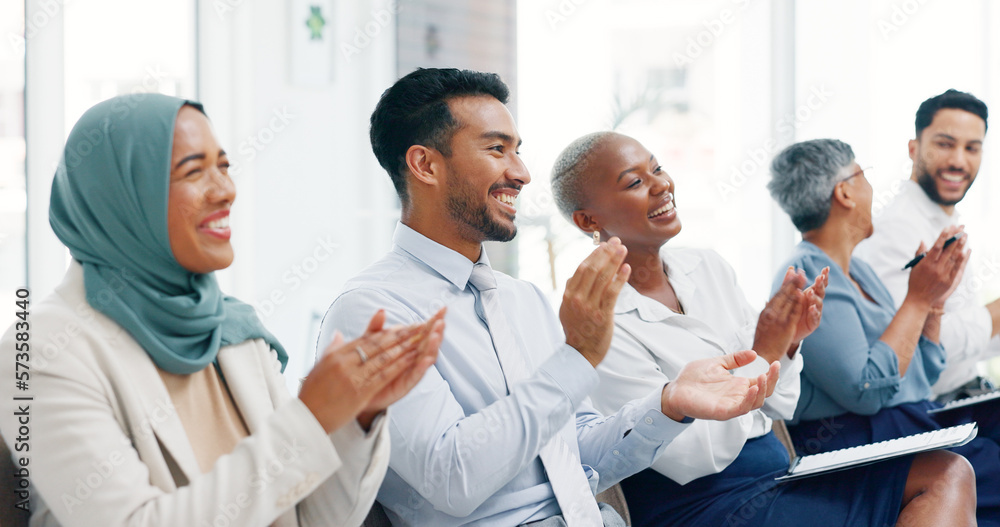 Diversity, business people and applause presentation, employee support and happiness in office. Interracial teamwork, clapping hands and audience smile for workshop achievement or goals celebration Diversity, business people and applause presentation, employee support and happiness in office. Interracial teamwork, clapping hands and audience smile for workshop achievement or goals celebration