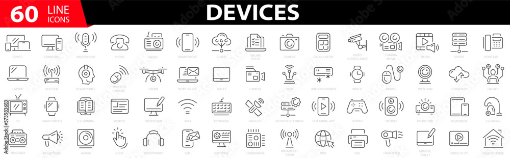 Set of 60 Device and technology web icon. Device icons. Computer monitor, smartphone, satellite, drone, tv, router, headphones, tablet, laptop and more. Vector illustration. - obrazy, fototapety, plakaty 