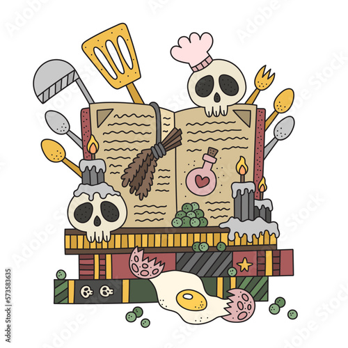 Witch cooking book. Wizard spell book. Alchemy schoolbook with recipes for potion. Skull cook and ingredients. Funny cartoon vector illustration