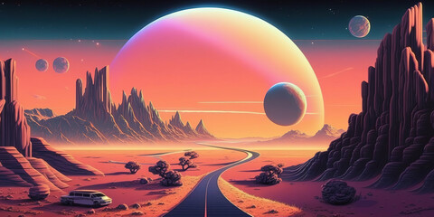 Papier peint photo Corail Fantastic landscape of alien planet with rocks and road on sunset. 1980s style sci-fi poster. Illustration of cosmos space and planet surface in orange tones. Generative Ai.  © NikonLamp