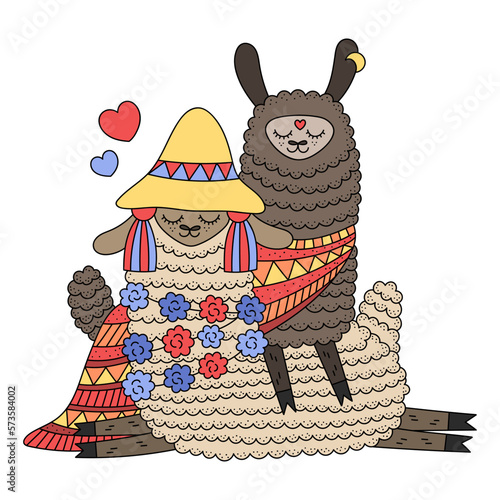 Pair of cute little llamas. Lovely fluffy alpaca friends. Wearing traditonal clothes. Funny hat and shawl. Cheerful farm animals. Cartoon vector illustration for kids. Isolared on white
