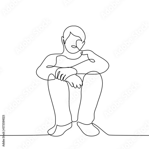man sits on the floor with his arms crossed and looks at the viewer - one line drawing vector
