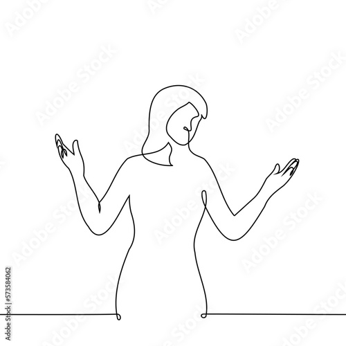 woman raised and spread her hands to the side with her head tilted - one line drawing vector. concept bewilderment, speechless, embarrassed, make a helpless gesture