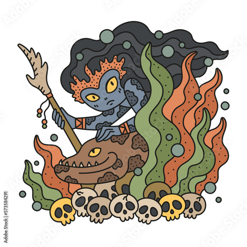 Wild mermaid princess with her pet. Moray eel and underwater cute girl. Adorable little female hunter with fish hiding in seaweed. Funny cartoon vector illustration for kids. Isolated on white