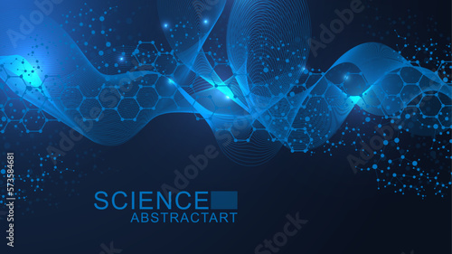 Modern abstract molecules structure for science or medical background. DNA helix or atom visualization. Molecular wave flow abstract background. Vector illustration
