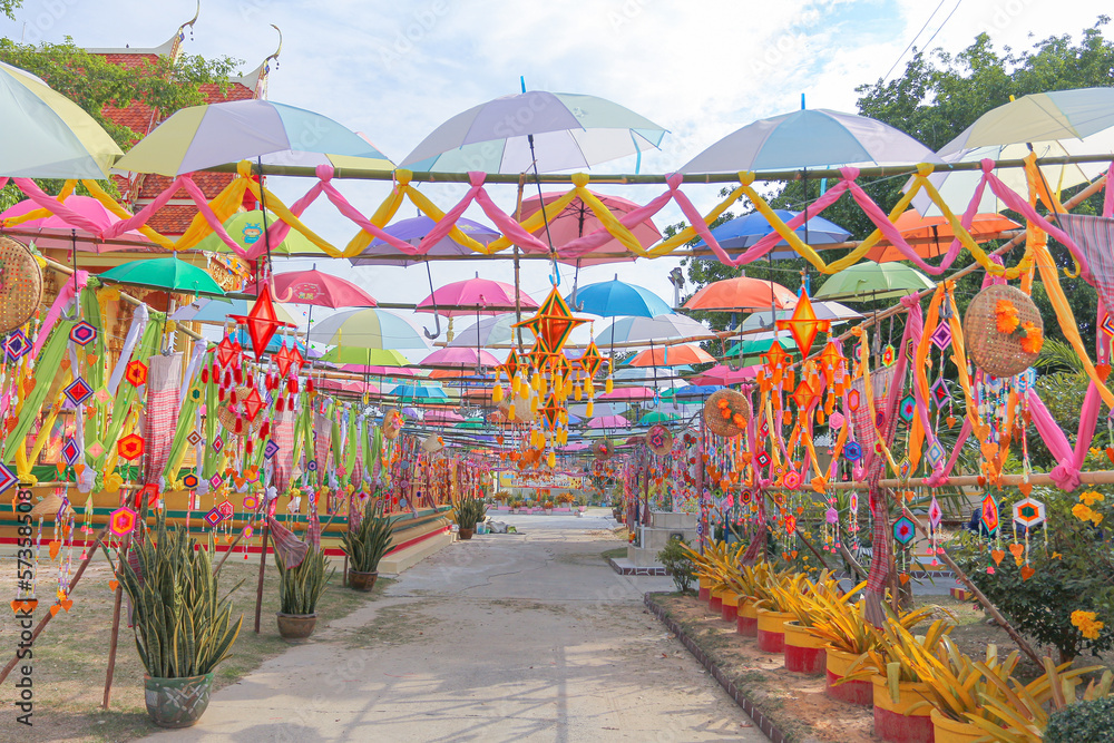 An ancient merit-making tradition using objects and flags decorated according to religious beliefs. An ancient merit-making tradition using objects and flags decorated according to religious beliefs.
