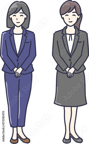 手を前で組んだスーツ姿の2人の女性イラスト 全身
