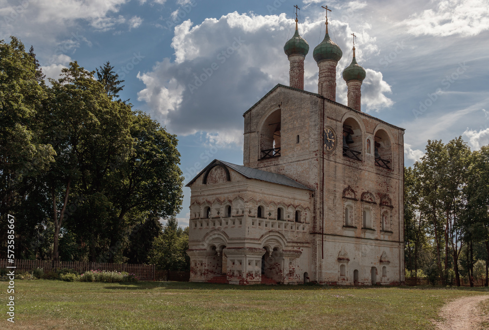 View of old bell tower in the ancient Borisoglebsky Monastery. Yaroslavl region. Russia.