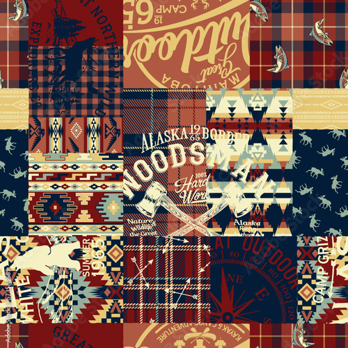 Native and tartan plaid fabric with outdoor typography graphic patchwork vintage abstract vector seamless pattern