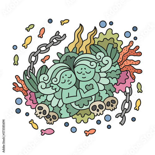 Beautiful malachite amulet with mermaid twins. Magical sea pendant. Underwater fashion charm. Cute marine poster for kids. Cartoon vector illustration. Isolated on white