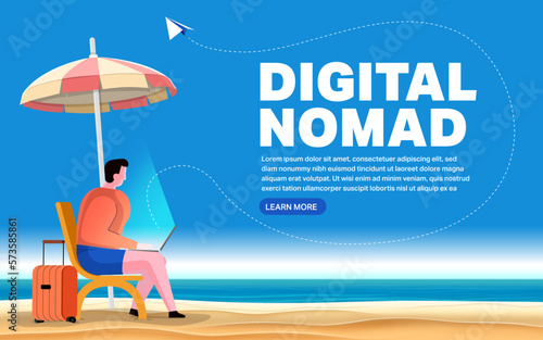 Digital nomad. Vector illustration.Freelance work, Cartoon vector illustration in flat design. Travel and work, remote job, freelancers lifestyle, working abroad with laptop.